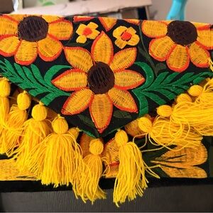 Handmade Floral Embroidered Mexican Clutch Bag with Tassels
